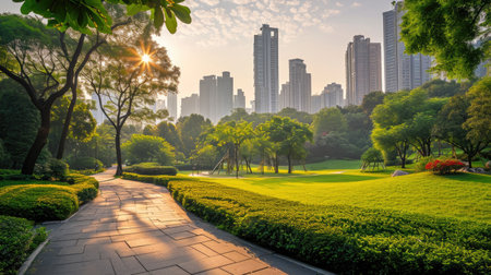 A scenic municipal park, with architecture looming behind, Ai Generated.の素材