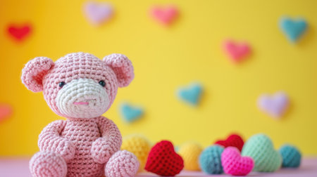 A Picture of a Crocheted Cute Bear, Yellow background, Ai Generatedの素材