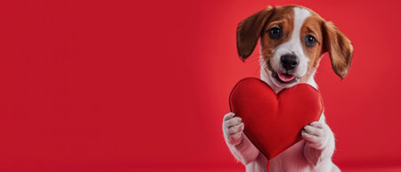 Adorable puppy with a red heart, standing and melting hearts, Ai Generatedの素材