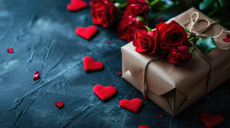 Gift box accompanied by a bouquet of fresh roses and celebratory red hearts set against a dark backdrop. Conceptual gift idea for Valentine's Day, Weddings, or Birthdays, Ai Generatedの素材