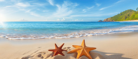 Embark on a dreamy summer holiday by the tropical sea, capturing the beauty of a serene seascape panorama, Ai Generated.の素材