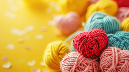 A Picture of a Crocheted Cute Heart, Yellow background, Ai Generatedの素材
