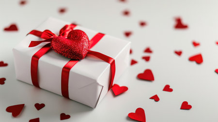 White gift box accompanied by festive red hearts on a white background. A side-view concept ideal for Valentine's Day, Weddings, or Birthdays, Ai Generatedの素材