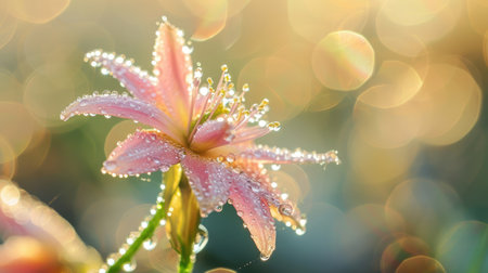 Macro photography reveals the intricate world of dew-covered petals amidst abstract bokeh, Ai Generated.の素材