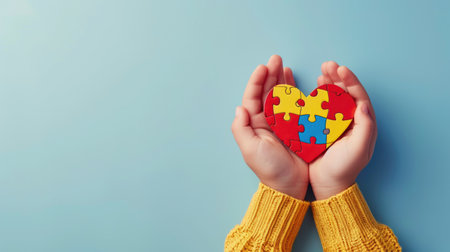 Little hands hold a heart puzzle piece, set on a soothing blue background, Ai Generatedの素材