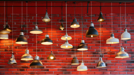 Array of pendant lamps against a red brick wall, creating a stylish ambiance, Ai Generatedの素材