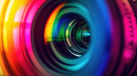 A captivating image of a camera lens reflection in a rainbow-like spectrum of colors, adding a vibrant and artistic element, Ai Generated.の素材