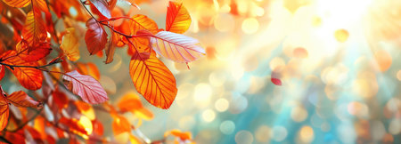 Sunlit, colorful autumn leaves contrast against softly blurred trees, Ai Generatedの素材