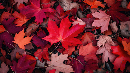 Red autumn maple leaves scattered on the forest floor, a seasonal display, Ai Generatedの素材