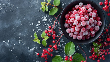 A captivating blend of frost-kissed cowberries and cranberries, elegantly presented in a black bowl, Ai Generated.の素材
