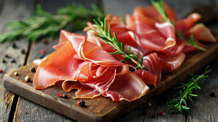 Delicate prosciutto slices elegantly presented on a rustic wooden board, a gourmet treat, Ai Generated.の素材