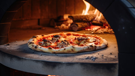 Close-up of a pizza oven, capturing a pizza's journey to deliciousness, Ai Generated.の素材