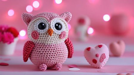 A Picture of a Crocheted Cute Owl, Pink background, Ai Generatedの素材