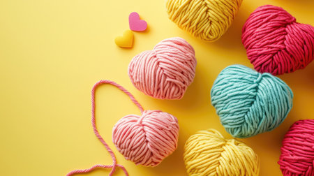 A Picture of a Crocheted Cute Heart, Yellow background, Ai Generatedの素材