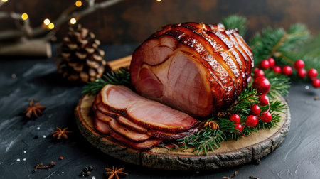 Holiday pork ham, expertly smoked, roasted, and glazed, a festive delight, Ai Generated.の素材