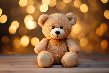 Front view of a toy teddy bear, its gentle presence set against a bokeh backdrop, Ai Generated.の素材