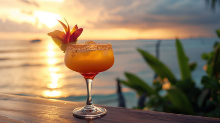 The drink is a deep red color and has a strong, fruity flavor. The setting is a beach at sunset, Ai Generatedの素材