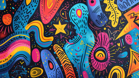 A playful abstract pattern filled with hand-drawn colorful shapes in a doodle style, Ai Generated.の素材