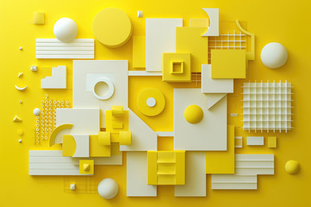 A captivating abstract composition featuring yellow and white geometric shapes against a sunny yellow backdrop, Ai Generated.の素材