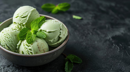 Indulge in a delightful bowl of homemade green tea ice cream and fresh mint, Ai Generated.の素材
