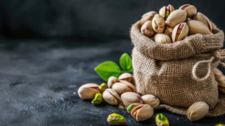 Tempting pistachio nuts in a bag, contrasted against a rich dark backdrop, savory delight, Ai Generated.の素材