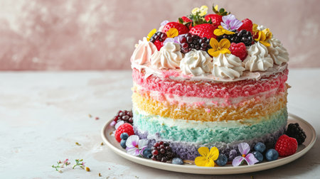 Vibrantly colored rainbow cake adorned with luscious whipped cream, set against a soft light backdrop, dessert delight, Ai Generated.の素材