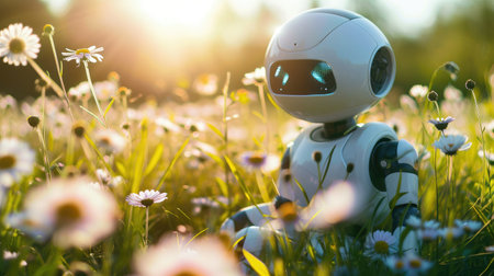 Tiny robot finds joy amidst a colorful meadow of blooming flowers, Ai Generatedの素材