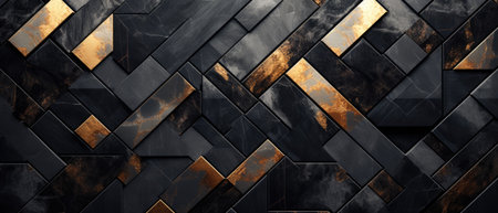 Captivating abstract design featuring black and gold geometric marble stone tiles, Ai Generated.の素材