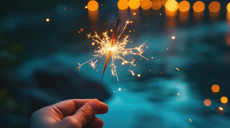 Party on the Beach Sparkler in Hand, Colorful Night Sky, and Fireworks Lighting Up the Night Ai Generatedの素材