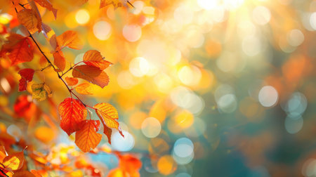 Sunlit, colorful autumn leaves contrast against softly blurred trees, Ai Generatedの素材
