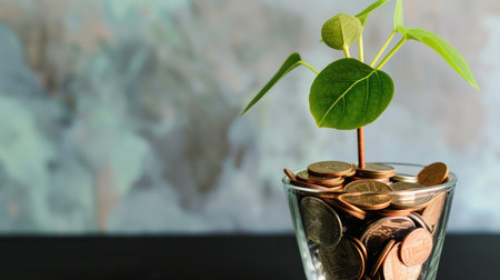 Tiny green plant atop coins in a vase, growth meets economy, Ai Generatedの素材