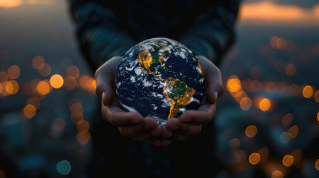 Human hands gently holding the Earth at night, a powerful image of Earth Day and energy conservation, Ai Generatedの素材