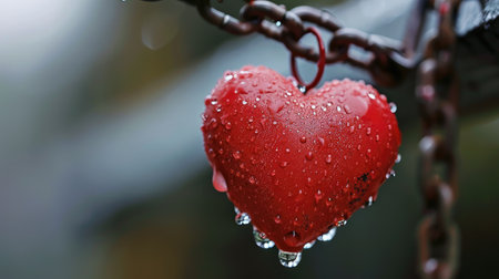 Water droplets on a red heart hanging from a chain, creating a captivating effect, Ai Generatedの素材