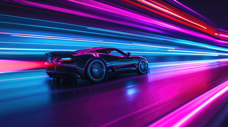 Adrenaline rush as a sports car zooms down a neon highway at top speed, Ai Generated.の素材
