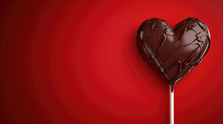 Delicious chocolate heart candy lollipop against a romantic red backdrop, Ai Generatedの素材