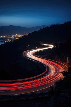 Nighttime city road with curving light trails from passing cars, an urban spectacle, Ai Generated.の素材