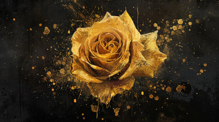 Gold rose flower art with paint splatters, ideal for elegant wall frames, Ai Generatedの素材