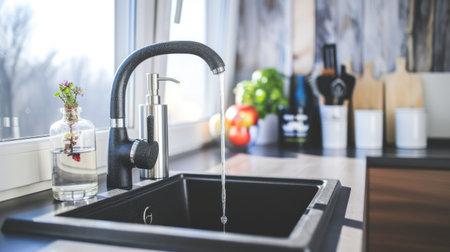 A sleek modern kitchen sink with a running faucet, a stylish and functional centerpiece. Ai Generatedの素材