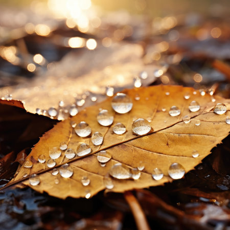 Explore the captivating world of raindrops on a vibrant yellow autumn leaf through mesmerizing macro photography, Ai Generated.の素材