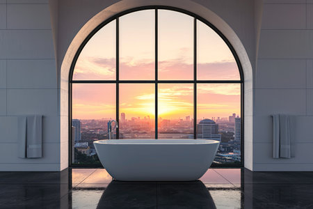 Enjoy the urban sunset from a modern bathroom with an arched window overlooking the cityscape. Ai Generatedの素材