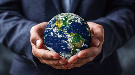 In the hands of a businessman, the Earth globe represents international business and influence, Ai Generatedの素材