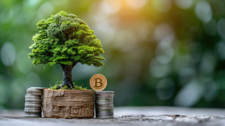 Woodblock art of a small tree atop a stack of coins, portraying the concept of ESG investment and sustainable growth, Ai Generatedの素材