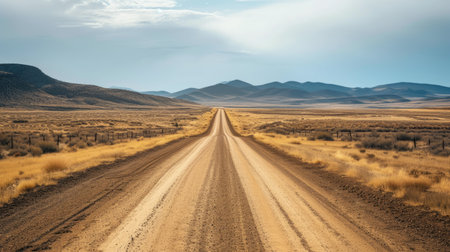 Journey along a solitary dirt road, amidst the desolation of the desert, a path to the unknown. Ai Generated.の素材