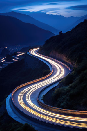 Nighttime city road with curving light trails from passing cars, an urban spectacle, Ai Generated.