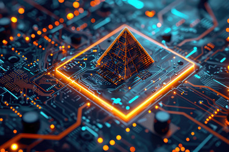 A pyramid structure integrated into a circuit board, embodying hi-tech engineering and digital engineer concept, Ai Generatedの素材