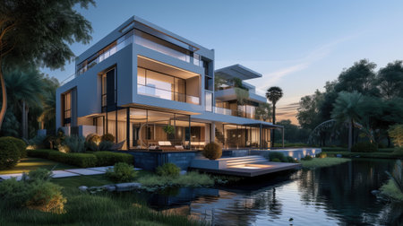 Explore a 3D rendering of a sleek modern home right on the beach, pure coastal elegance. Ai Generatedの素材