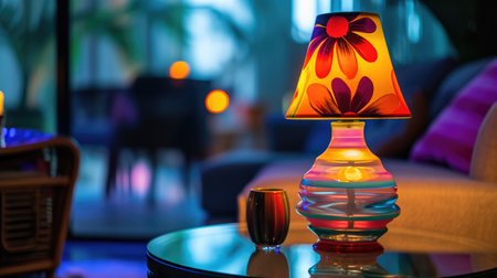 A vibrant lighting centerpiece - a colorful lamp with a glass top on a table. Ai Generatedの素材