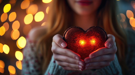 In the glow of twinkling lights, a woman cradles a heart-shaped chocolate box. Ai Generatedの素材