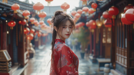 Woman in a red dress gracefully walking down a street, embodying elegance and confidence, Ai Generatedの素材
