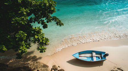 A boat rests peacefully on a sandy beach beside the vast and tranquil ocean. Ai Generated.の素材